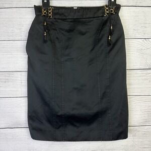 GUCCI Black Pencil Skirt Gold Buckle Leather Tassels Women's US 4 Career‎